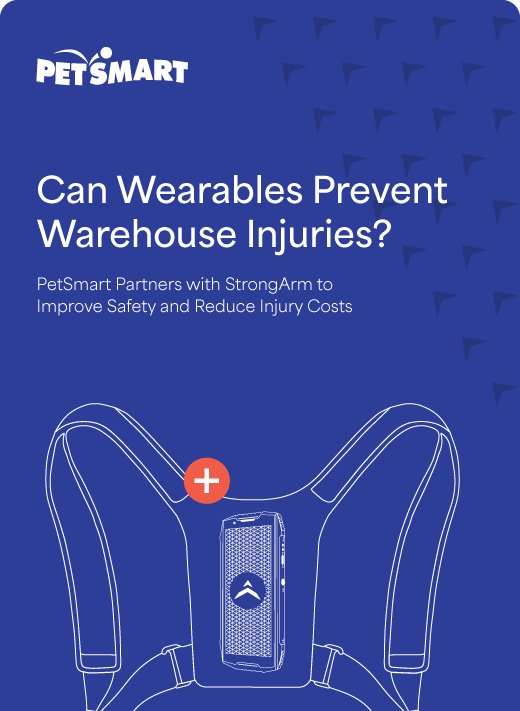 PetSmart case study cover: 'Can Wearables Prevent Warehouse Injuries?'. Blue background with PetSmart logo and illustration of a Strongarm wearable safety device.