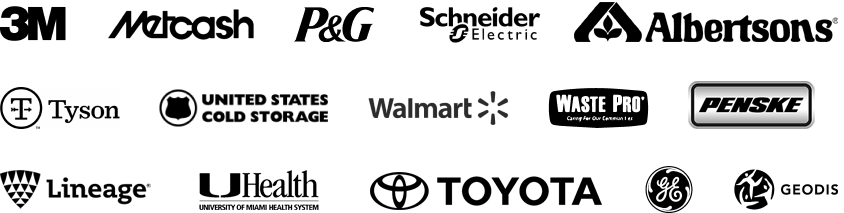 Logos of StrongArm Technologies' clients, including 3M, Metcash, P&G, Schneider Electric, Albertsons, Tyson, United States Cold Storage, Walmart, Waste Pro, Penske, Lineage, UHealth Miami, Toyota, GE, and Geodis